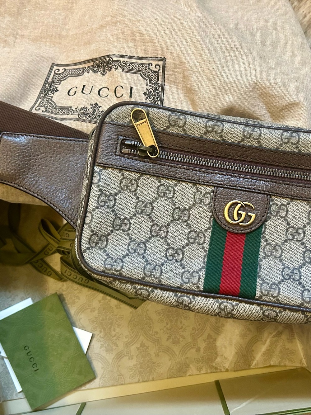Gucci Brown GG Supreme Crossbody with Green-Red Web and Gold Hardware
